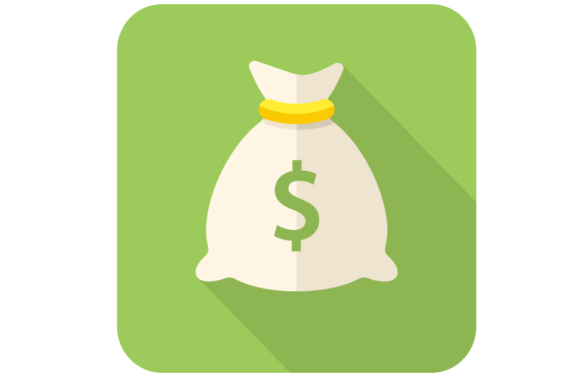 Clip art drawing of a white money bag tied with a yellow band and a green dollar sign on the bag on a green background