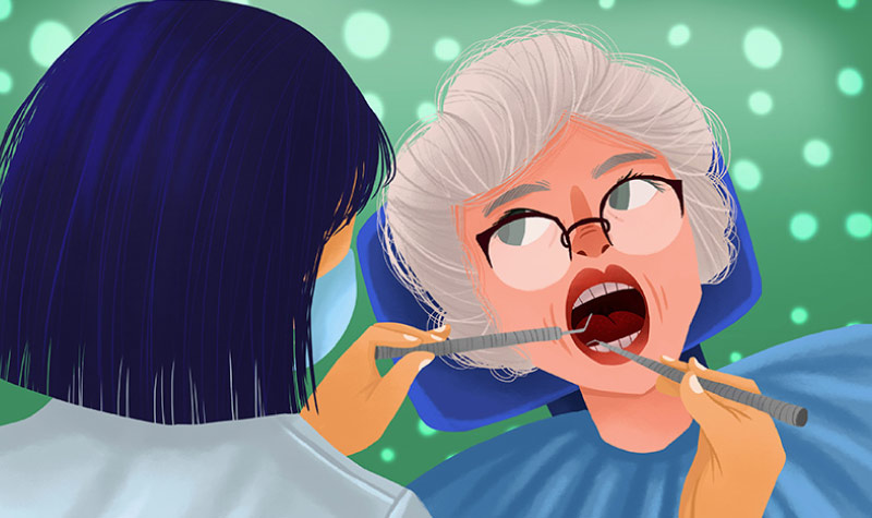Cartoon of a gray-haired woman in the dental chair getting her teeth examined by a dark haired female dentist