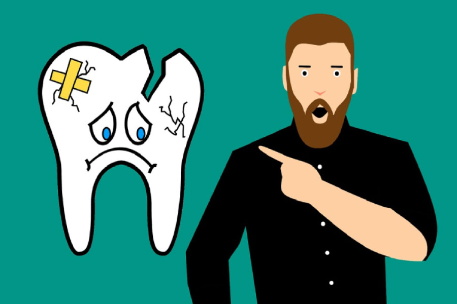 bearded cartoon man points to a frowning battered cartoon tooth